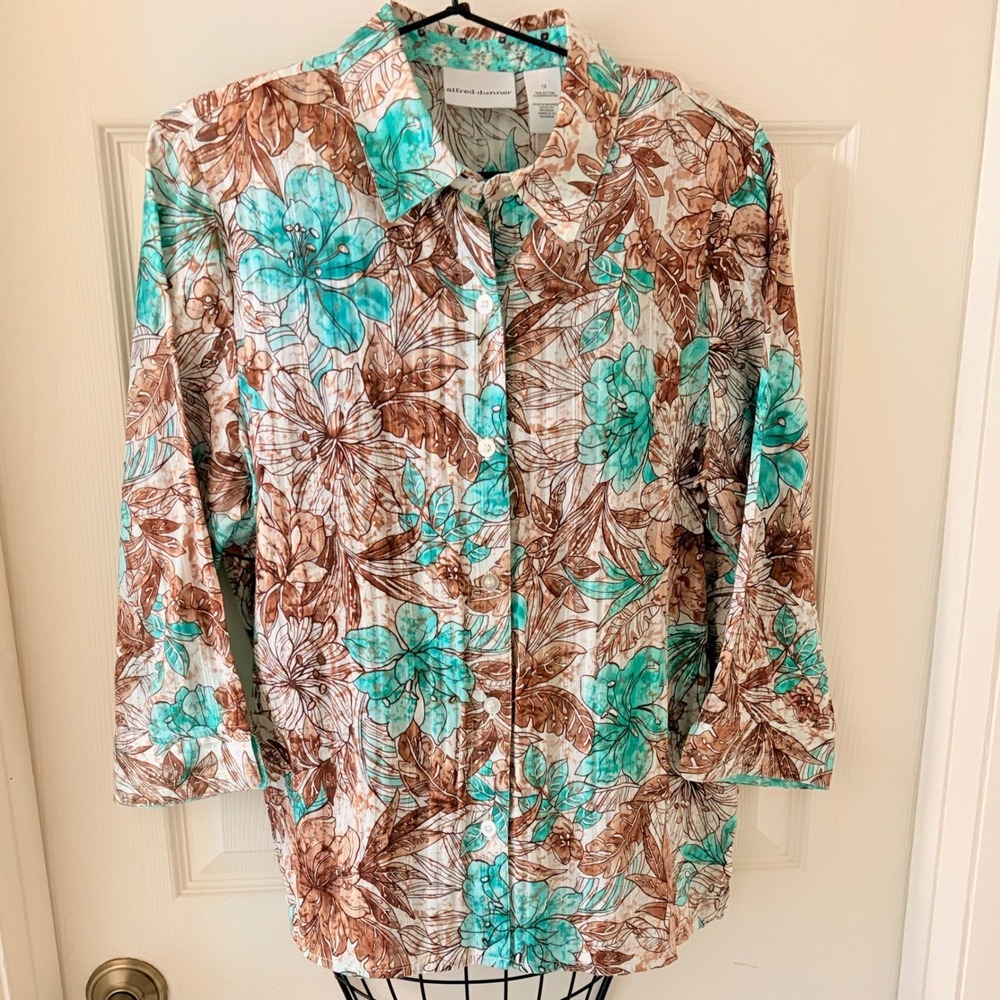 Alfred Dunner Women's Size 12 Turquoise Brown Floral Cotton Button-Up Blouse